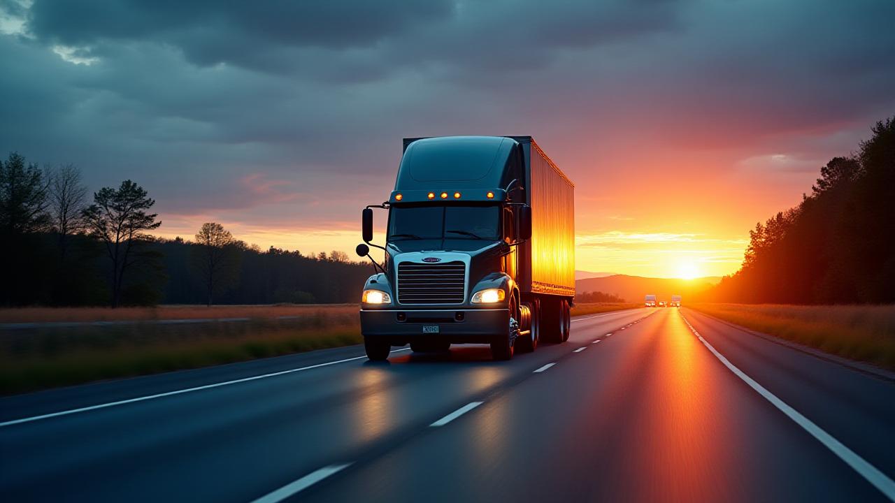 Heavy duty freight truck moving at dawn