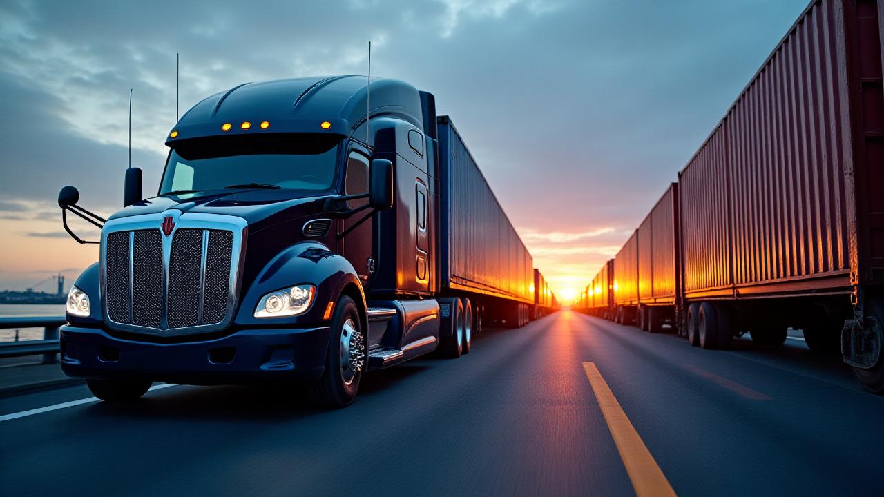 A modern RJ Trucking semi-truck positioned alongside a freight train, symbolizing integrated intermodal logistics.
